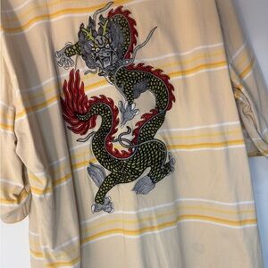 Parasuco Dragon Embroidered Polo Shirt Mens 3XL Y2K Streetwear Beige Striped